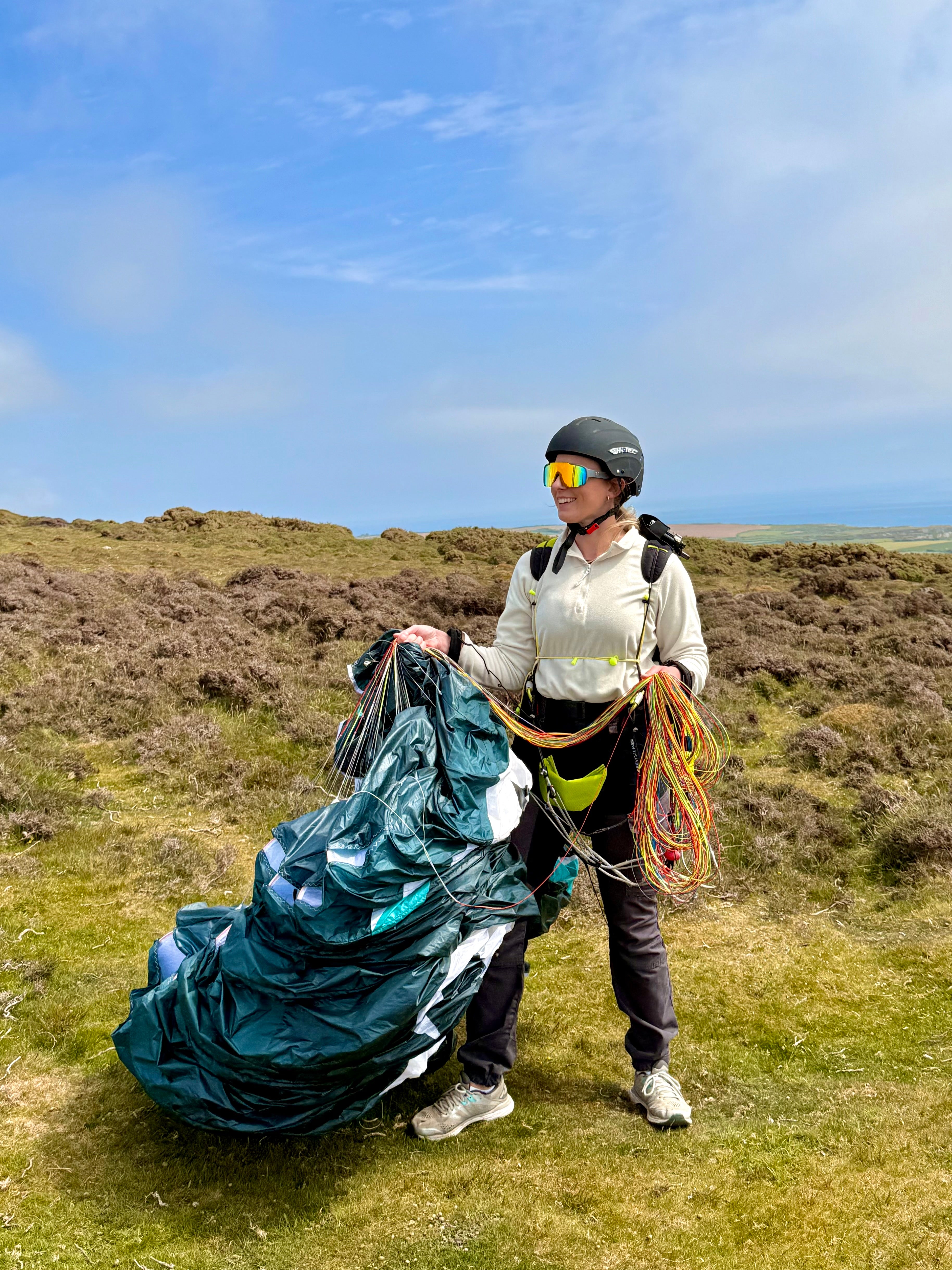 Katie at Rhossili with her Moustache wing