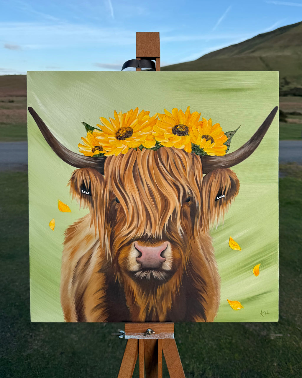 Original Highland Cow Oil Painting with Sunflowers ‘You’ve Got The Love’