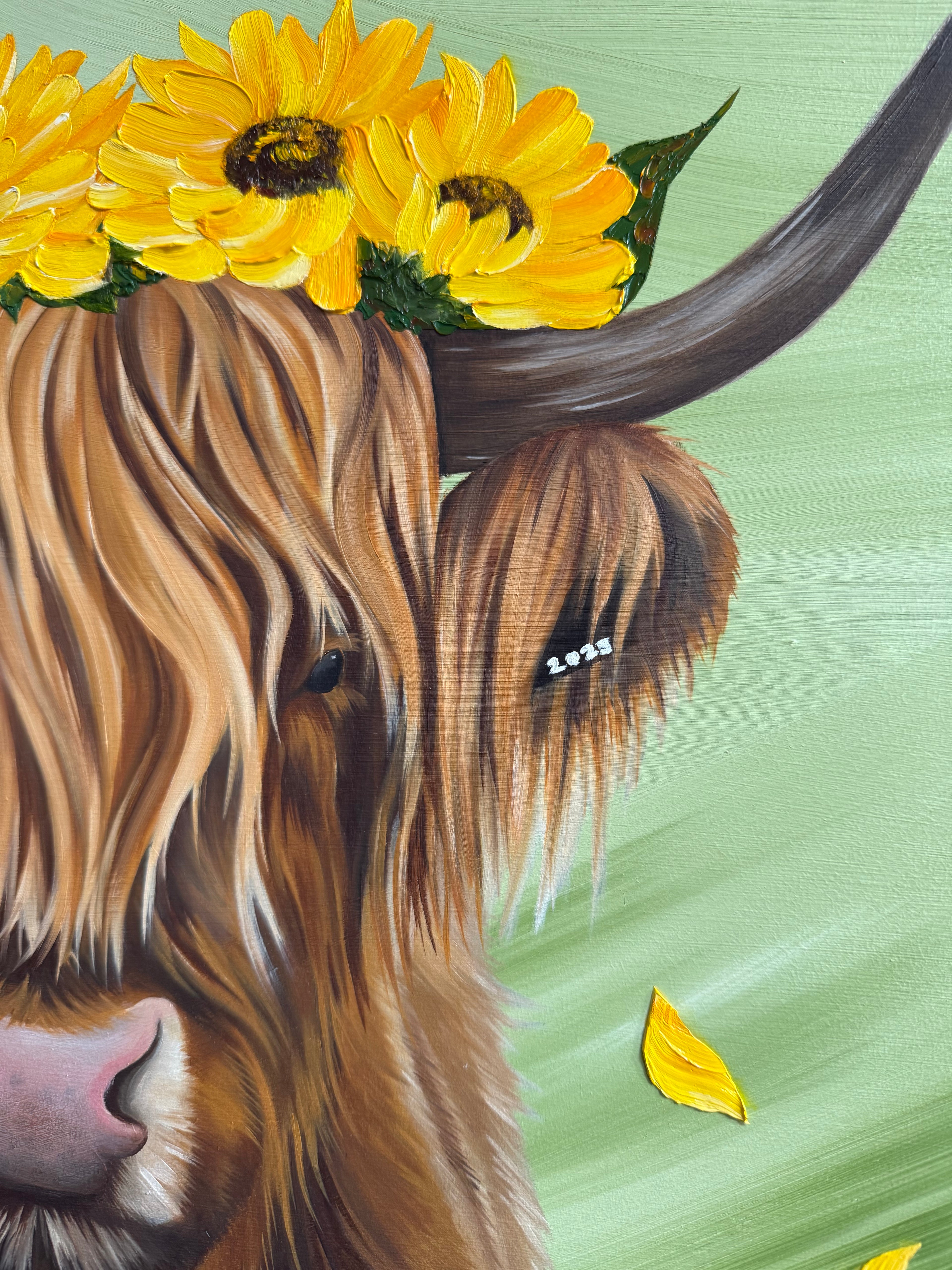 Original Highland Cow Oil Painting with Sunflowers ‘You’ve Got The Love’