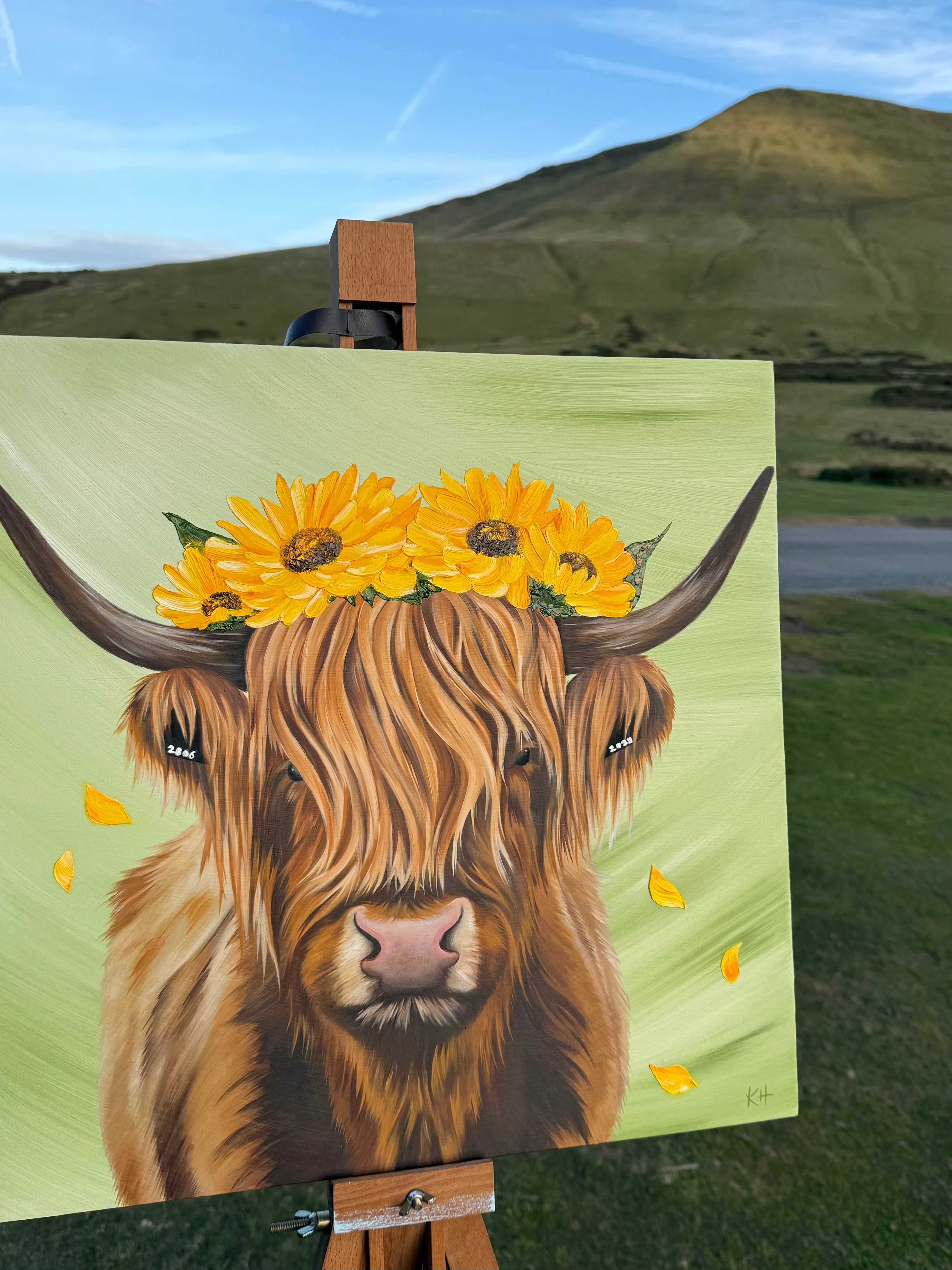 Original Highland Cow Oil Painting with Sunflowers ‘You’ve Got The Love’