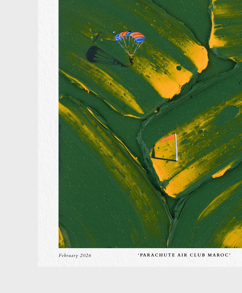 Fine art giclée print featuring parachutes over yellow flowers in Morocco