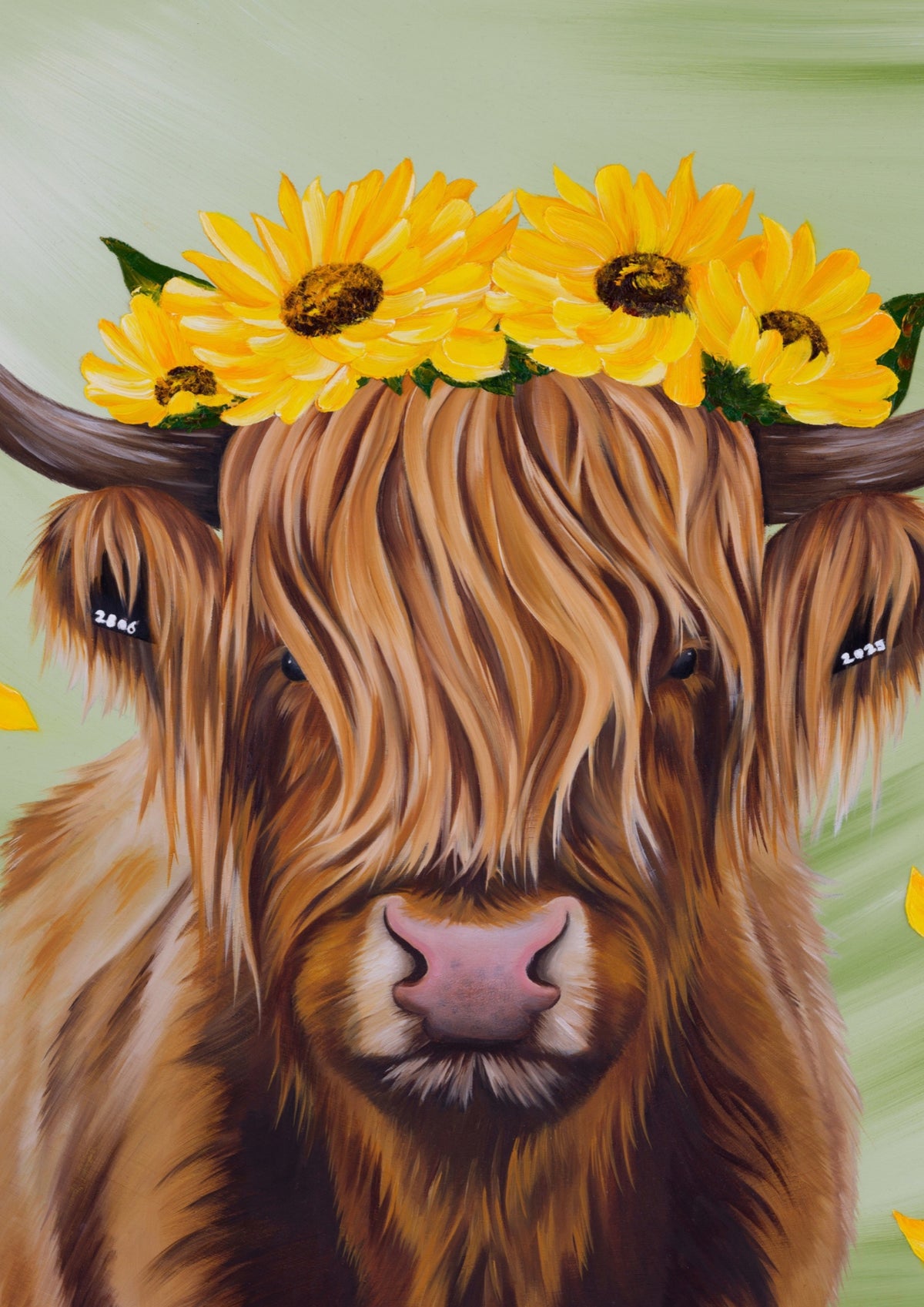 A stylized close-up portrait of a shaggy brown Highland cow with a crown of bright yellow sunflowers against a soft light green background.