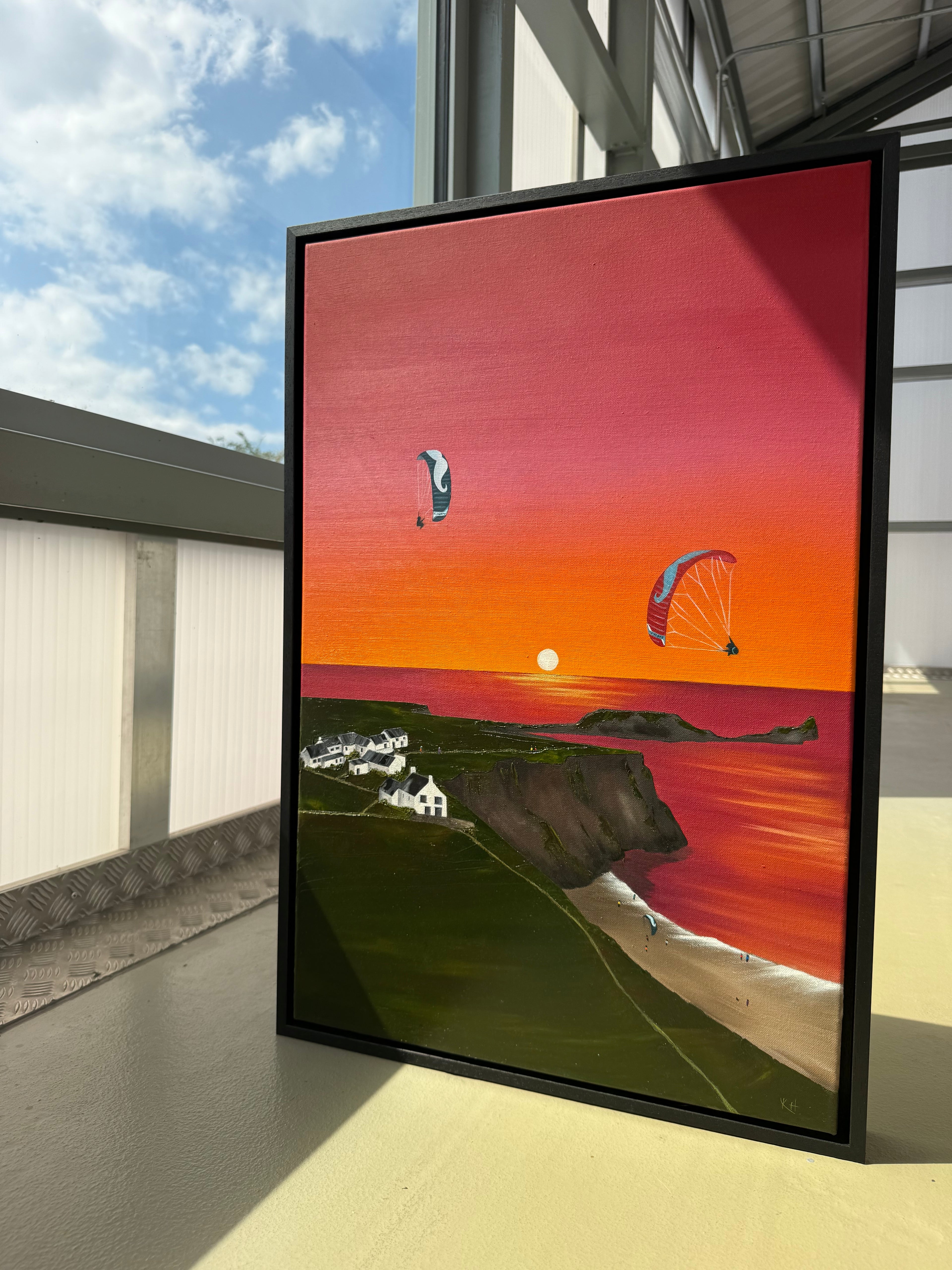 Katie Hollinshead original Rhossili painting of paragliding and parakite wings over the coast