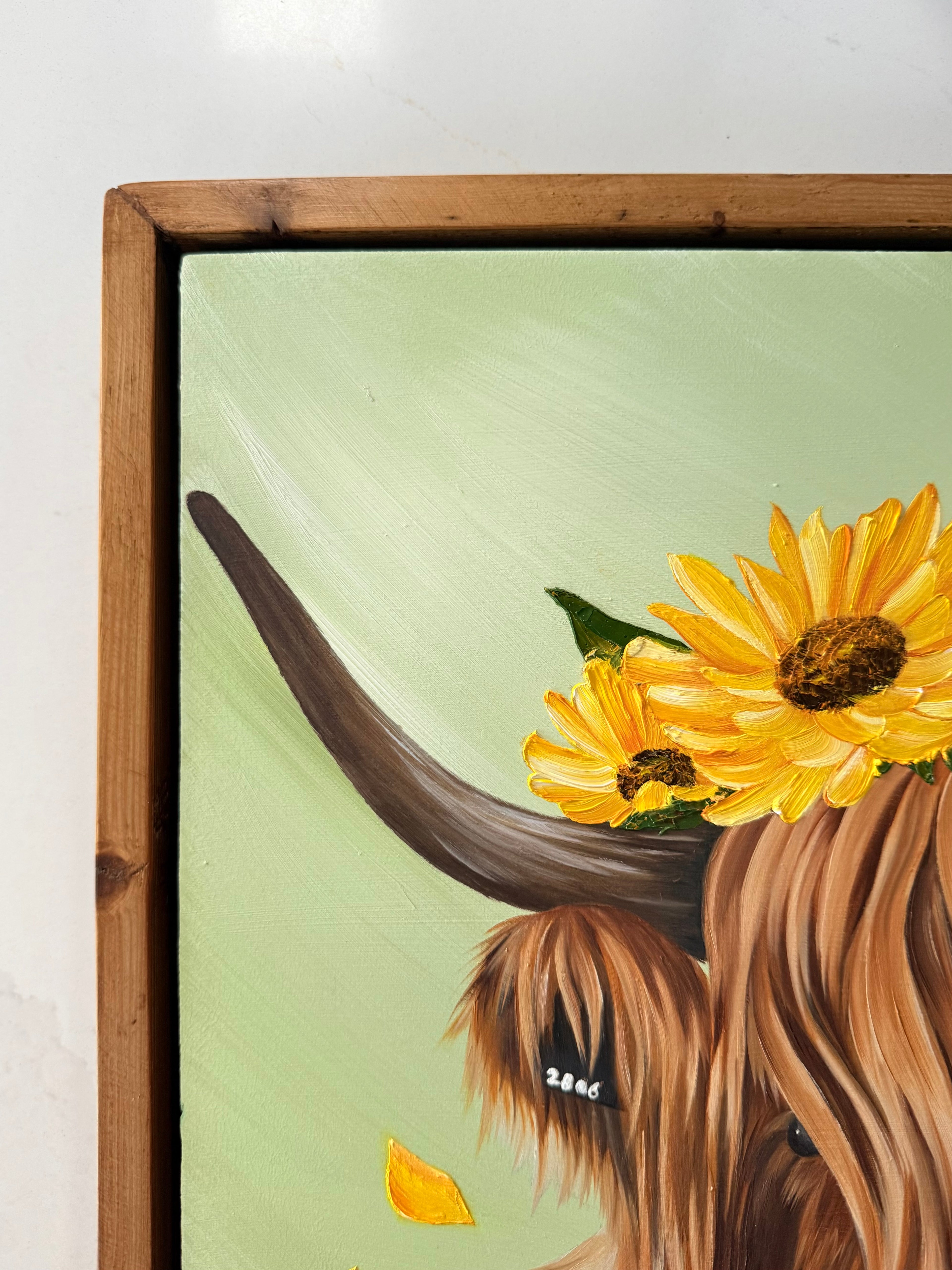 Original Highland cow wall art with sunflower crown and handmade reclaimed wooden frame 