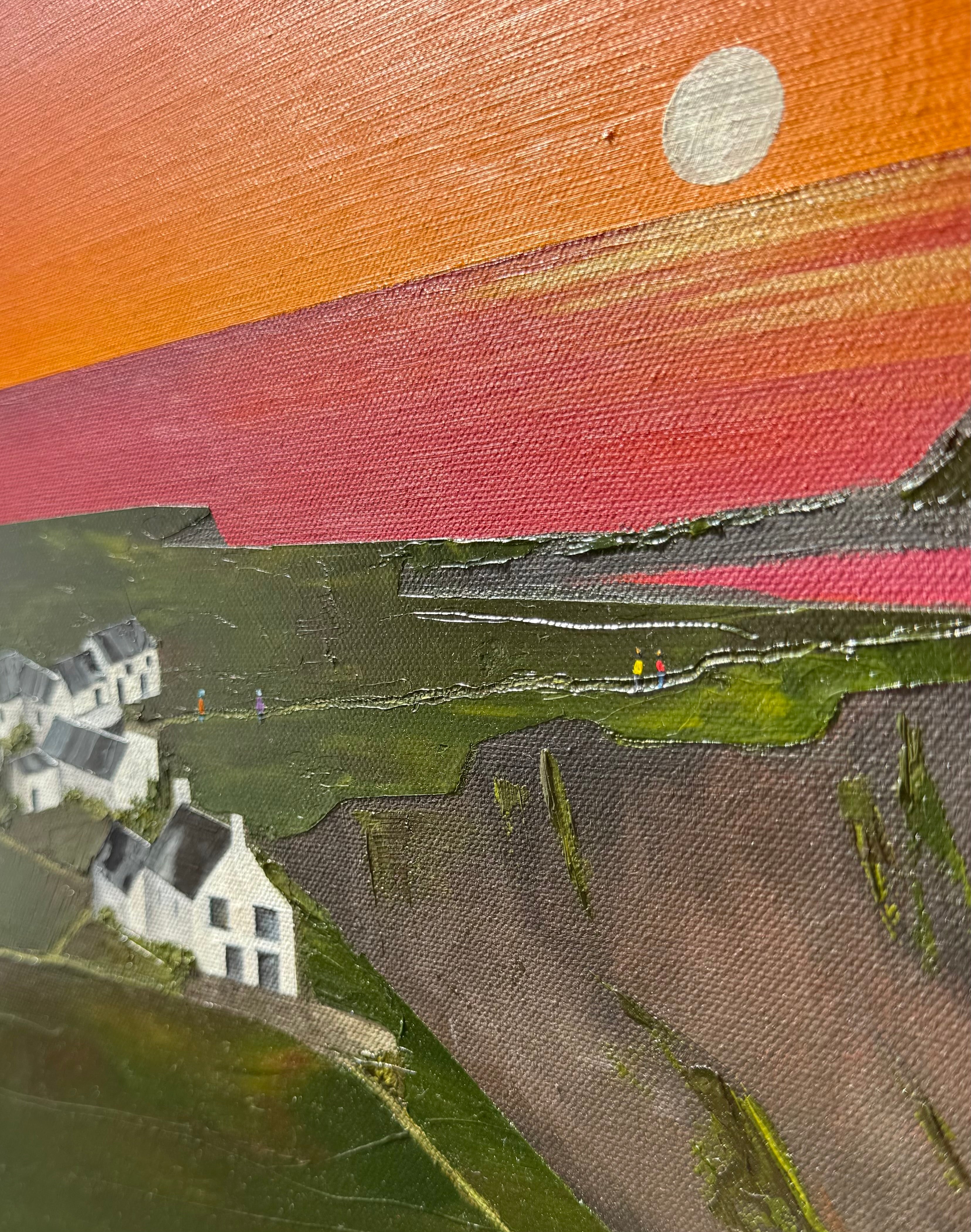 Original oil painting of paragliders and a parakite flying over Rhossili Bay at sunset