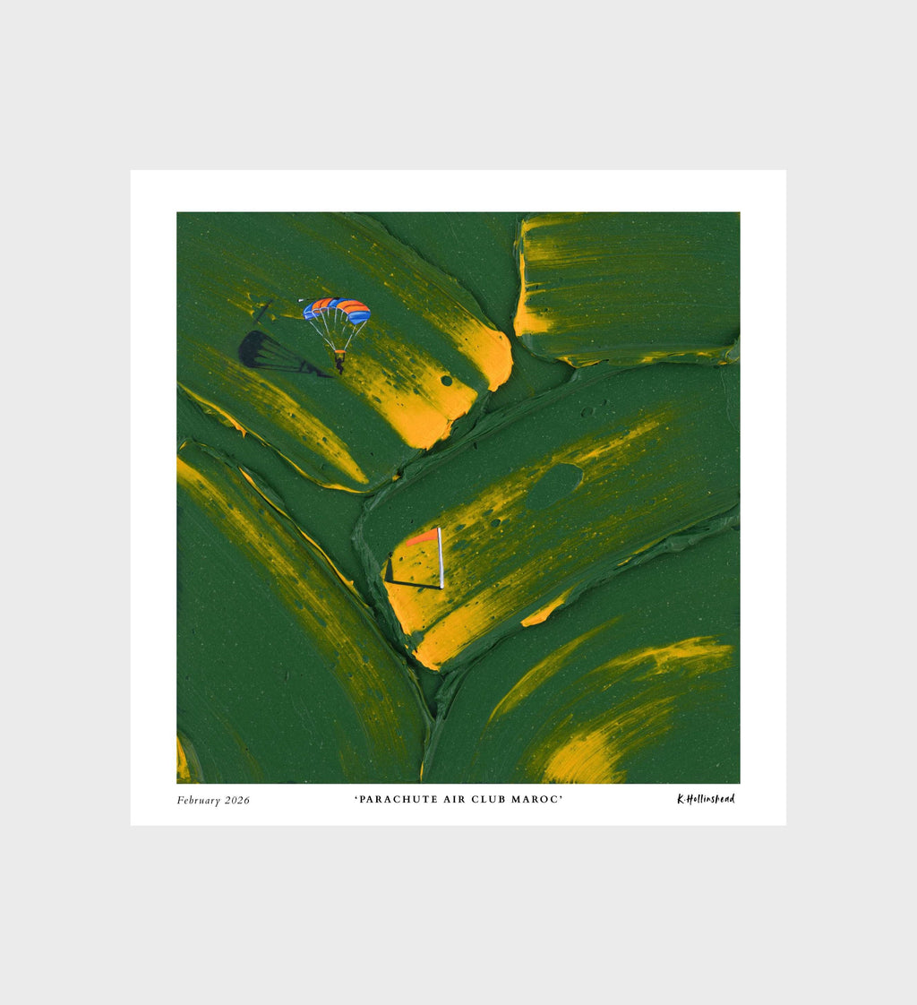 An art print featuring an abstract green and yellow textured painting with a small parachute scene in the upper left, presented with a white border on a light gray background.