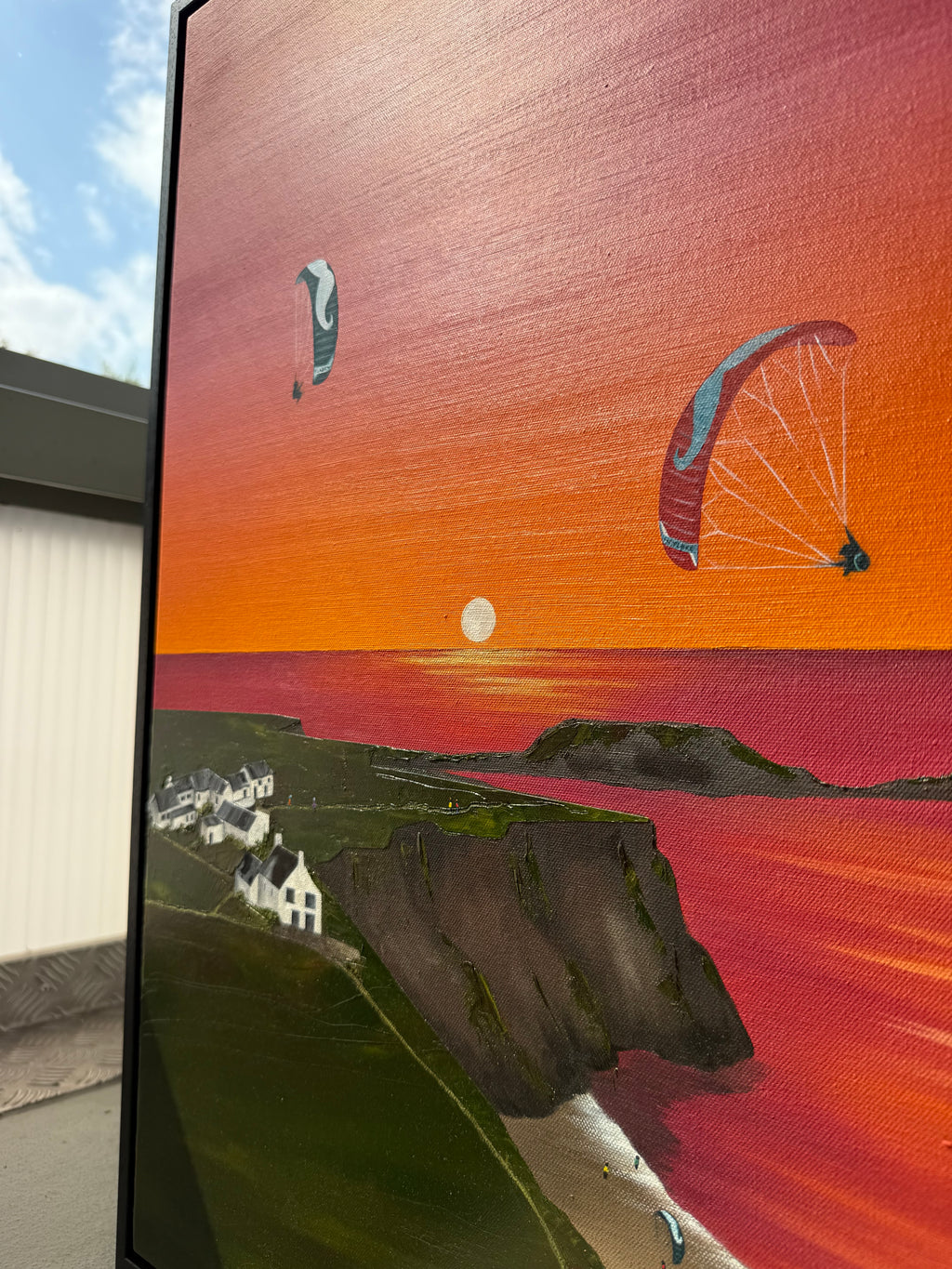 Rhossili Bay paragliding and parakite original oil painting by Katie Hollinshead