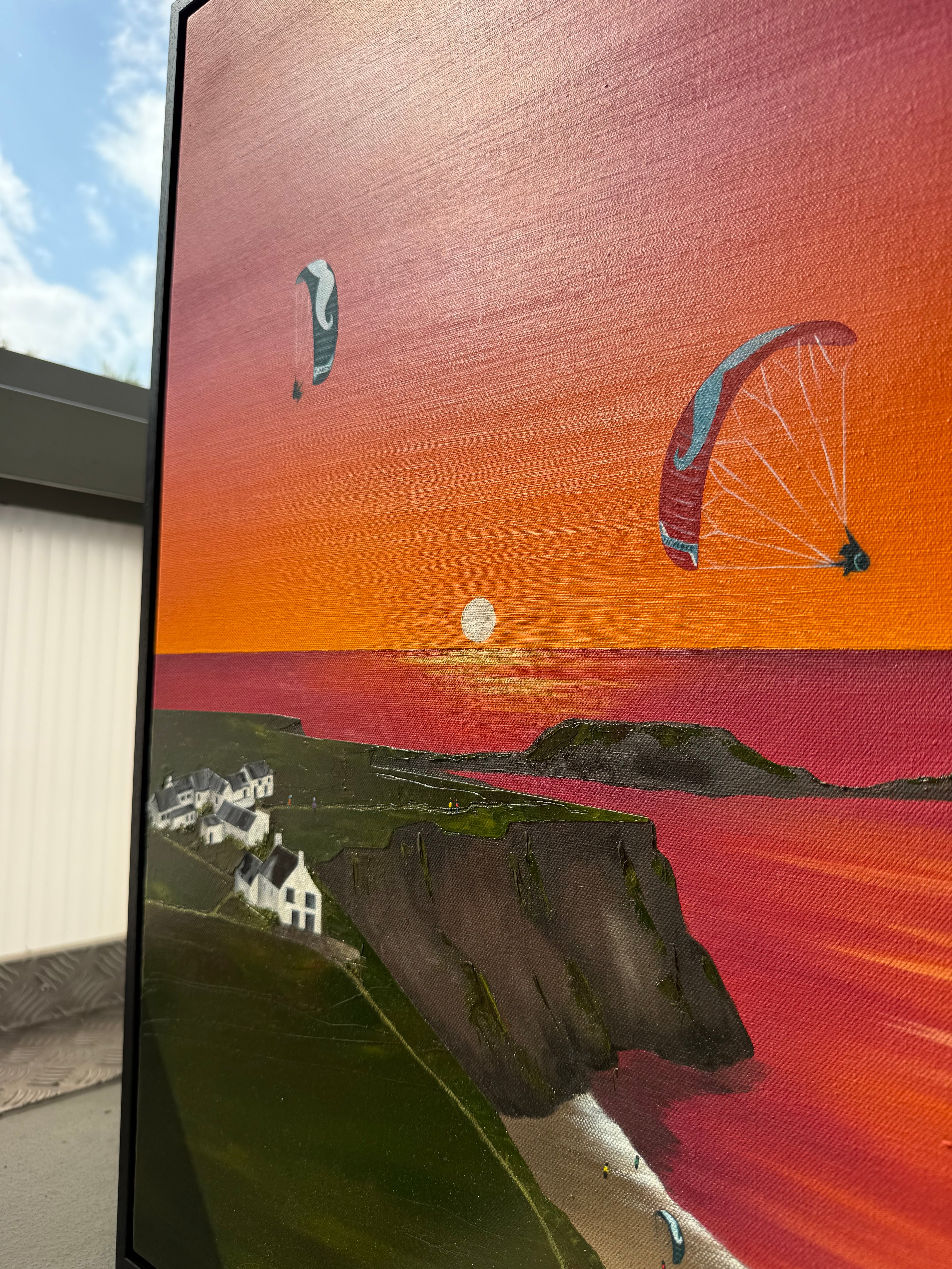 Rhossili Bay paragliding and parakite original oil painting by Katie Hollinshead