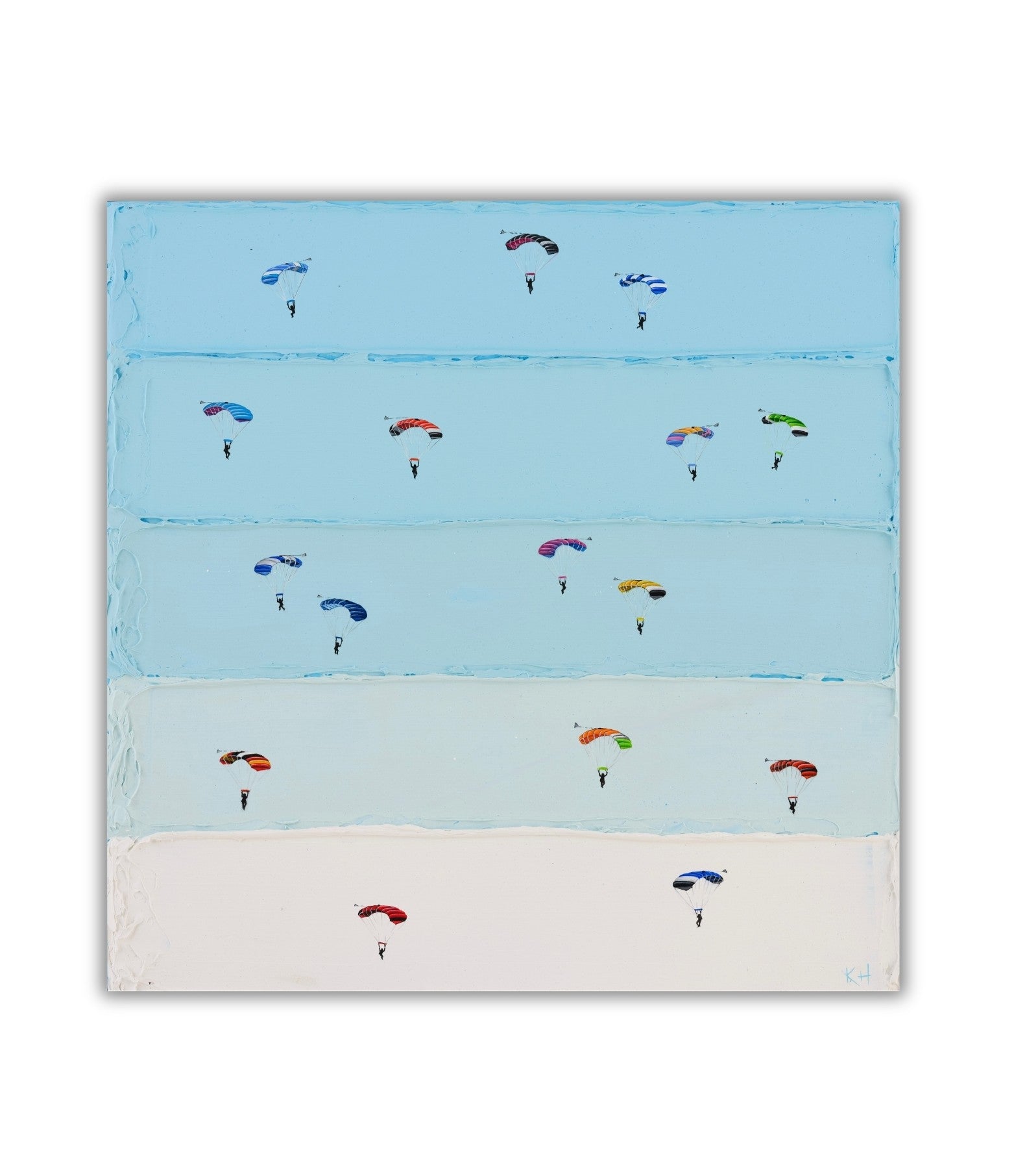 A square canvas art print depicting several small colorful parachutists floating in a light blue sky with a pale beige ground at the bottom. The canvas is shown against a clean white background with a subtle drop shadow.