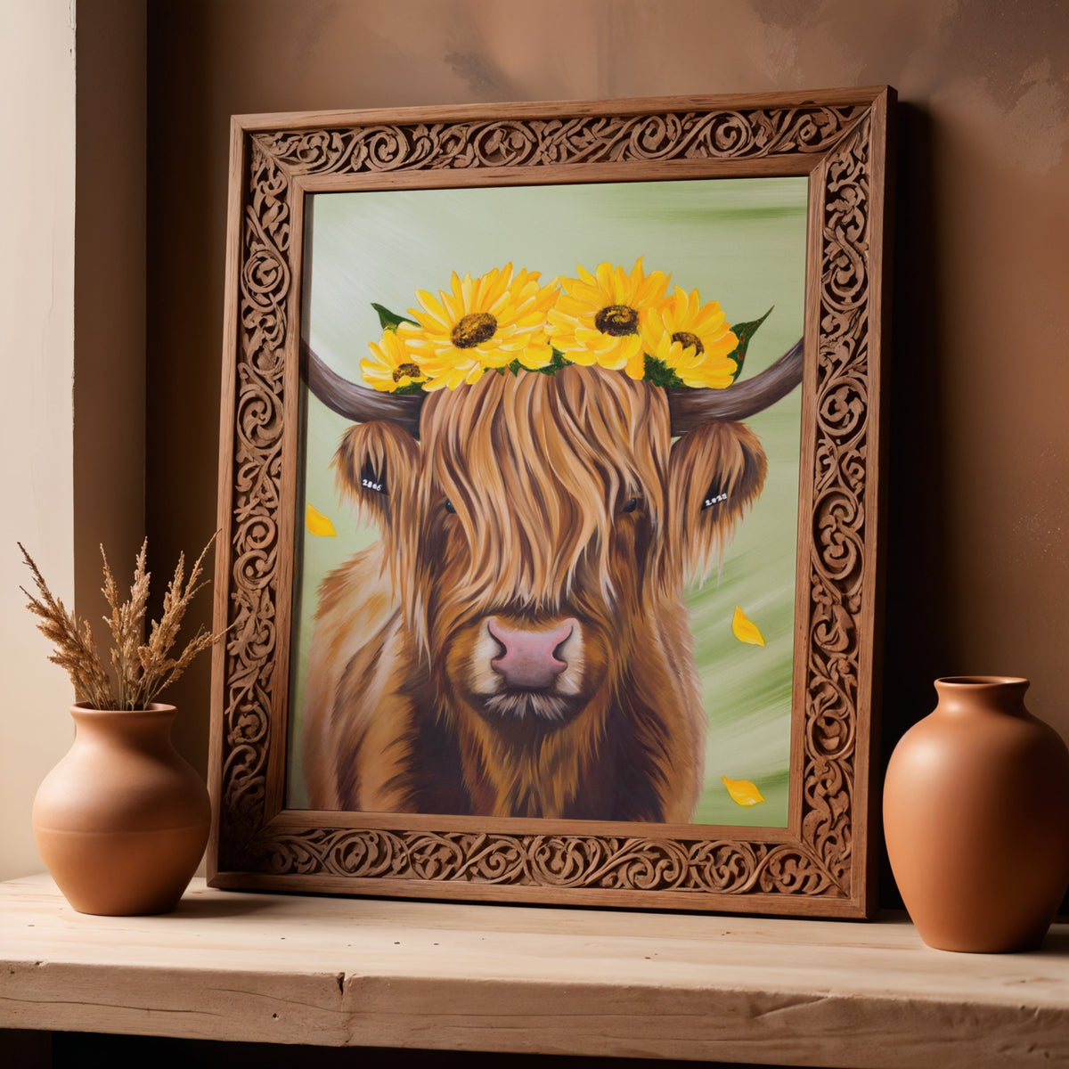 highland cow with sunflower crown print